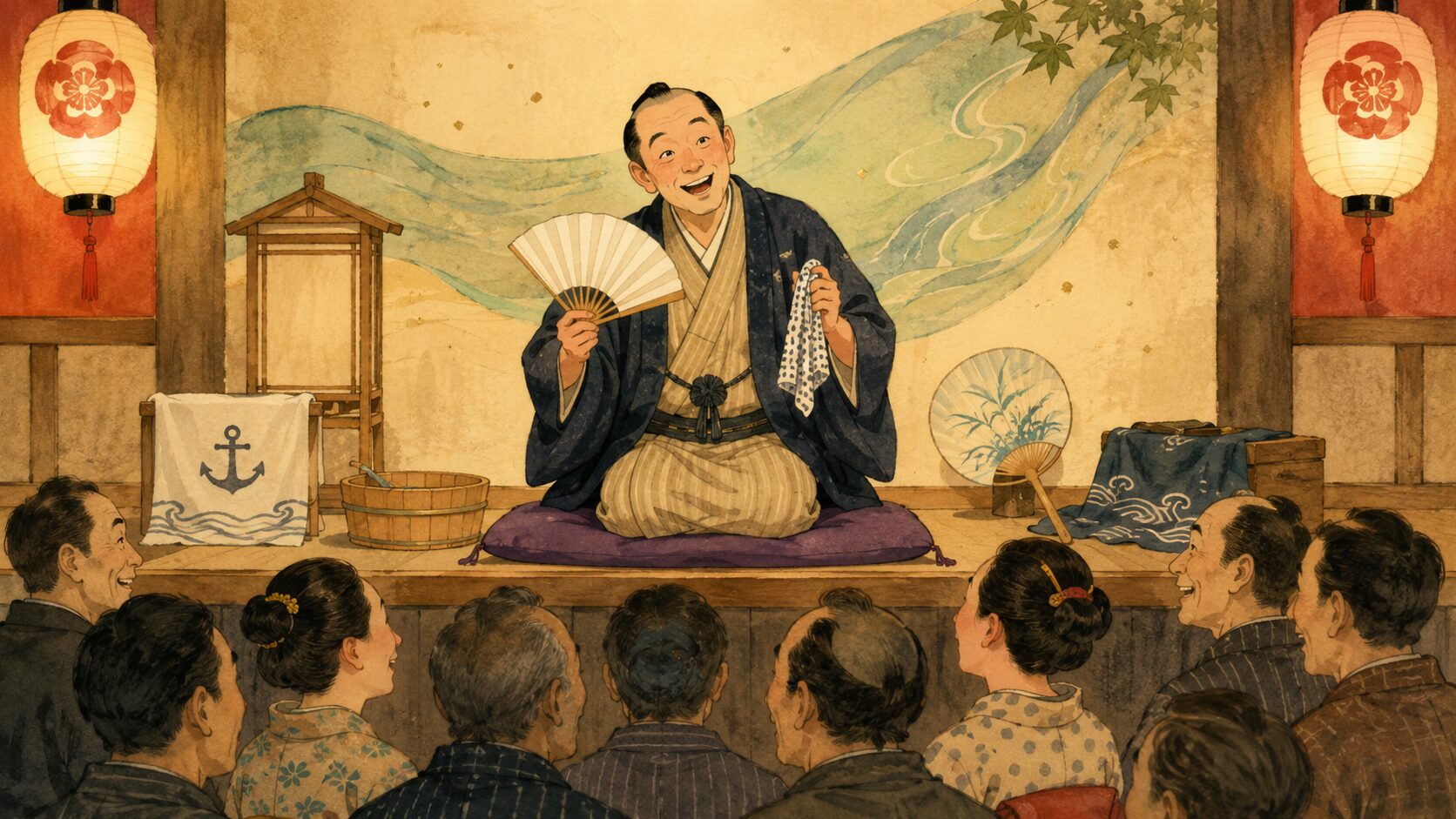 寄席の高座で落語『遊山船』を語る落語家風の語り手と、夏の納涼噺の余韻に笑う客席を描いた和風イラスト