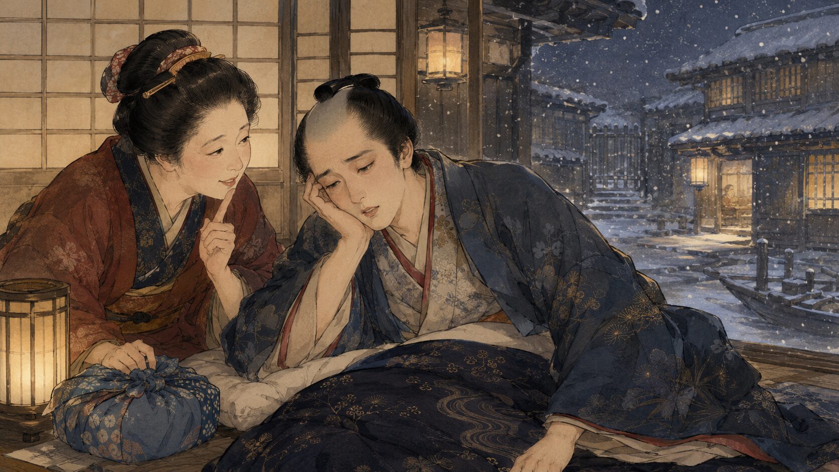 落語『雪とん』のあらすじ前半、恋わずらいの若旦那を船宿の女将が気遣う雪の夜の和風イラスト
