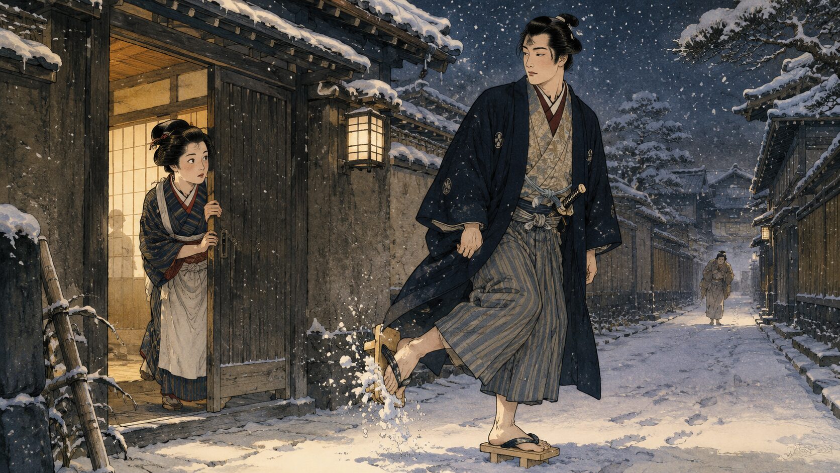 落語『雪とん』の見どころ、佐七が足駄の雪を落とす音をお清が裏木戸の合図と間違える和風イラスト