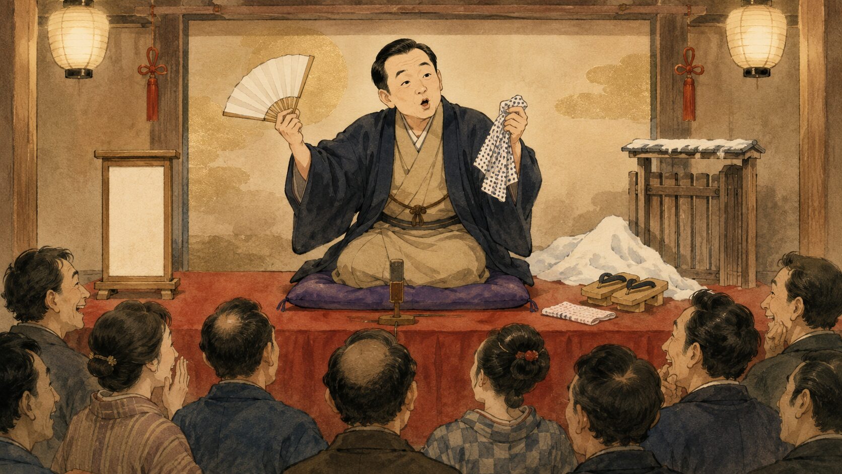 寄席の高座で落語『雪とん』を語る落語家風の語り手と、雪の夜の滑稽噺の余韻に笑う客席を描いた和風イラスト