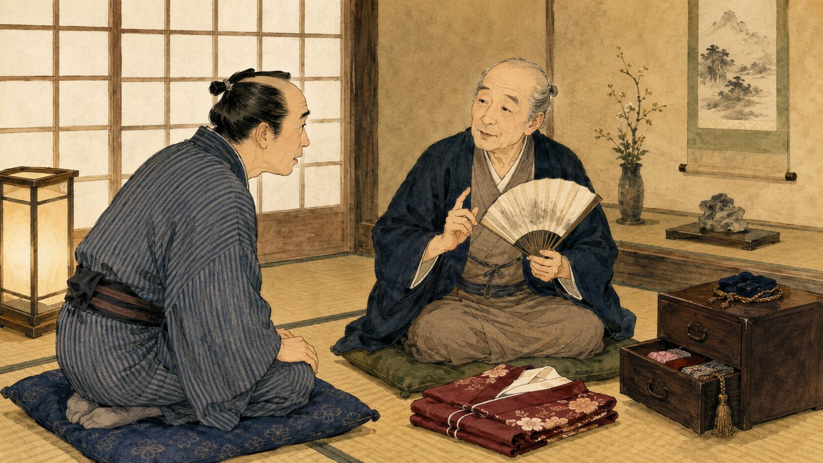 落語『湯文字誉め』の前半場面として、町家の座敷で男がご隠居に湯文字について尋ねる和風イラスト