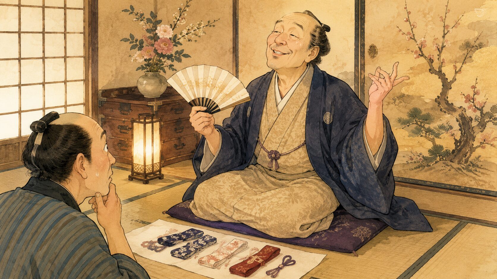 落語『湯文字誉め』の見どころとして、ご隠居が湯文字の褒め方を得意げに語る様子を描いた和風イラスト