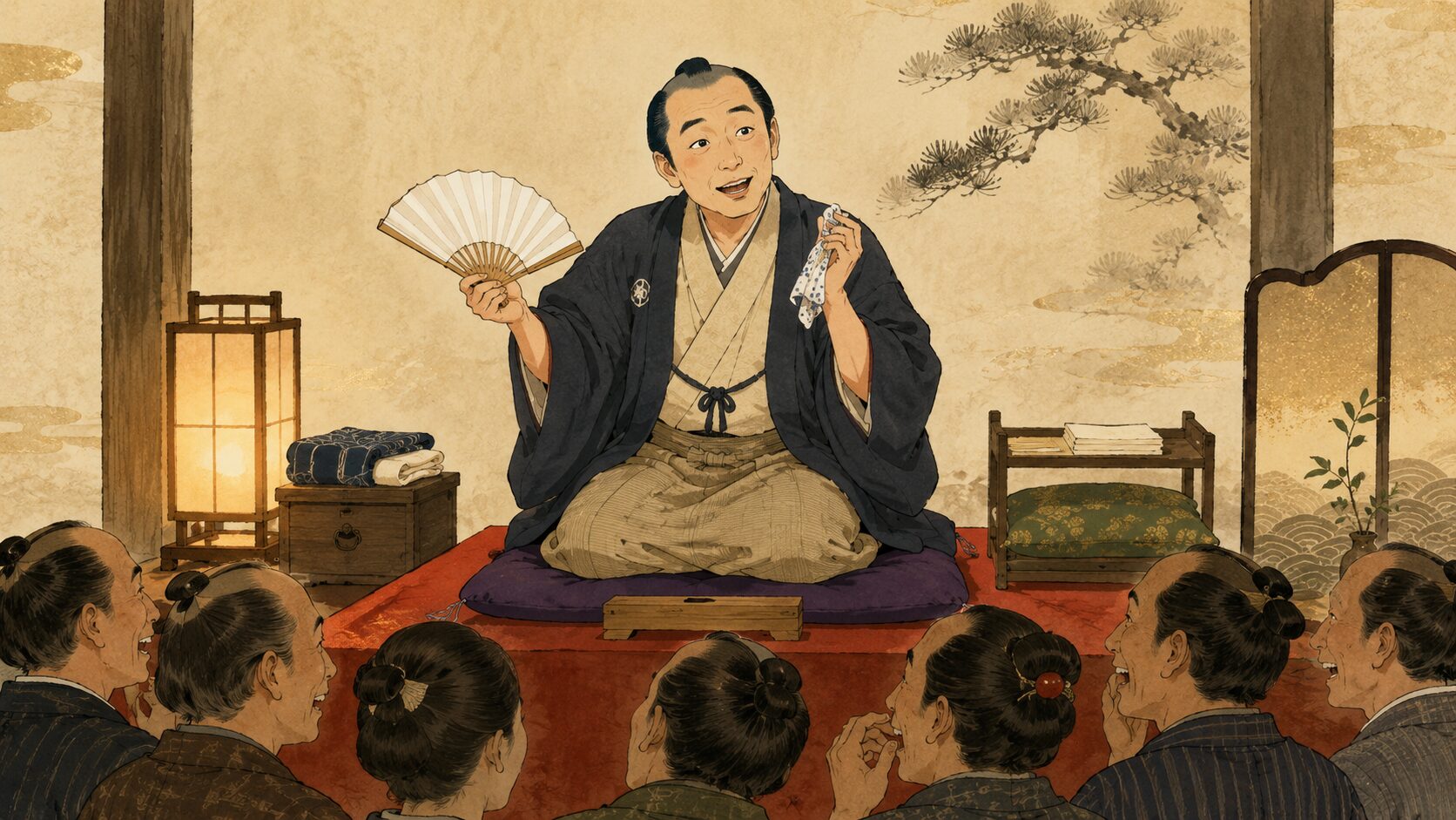 寄席の高座で落語『湯文字誉め』を語る語り手と、言葉の可笑しさを楽しむ客席を描いた和風イラスト