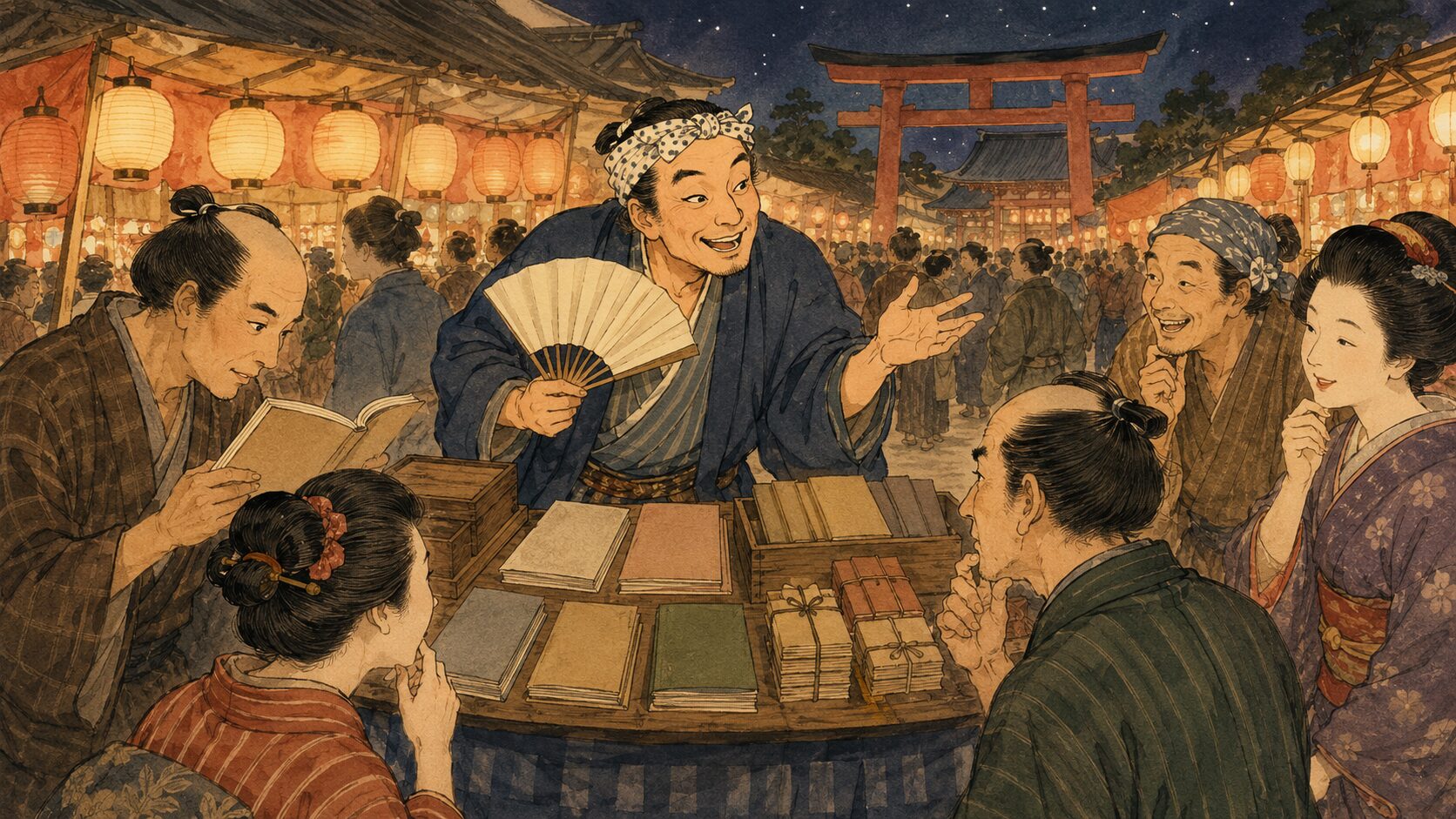 落語『夜店風景』のあらすじ前半、縁日の夜店で露天商が怪しい秘伝書を売り込む和風イラスト