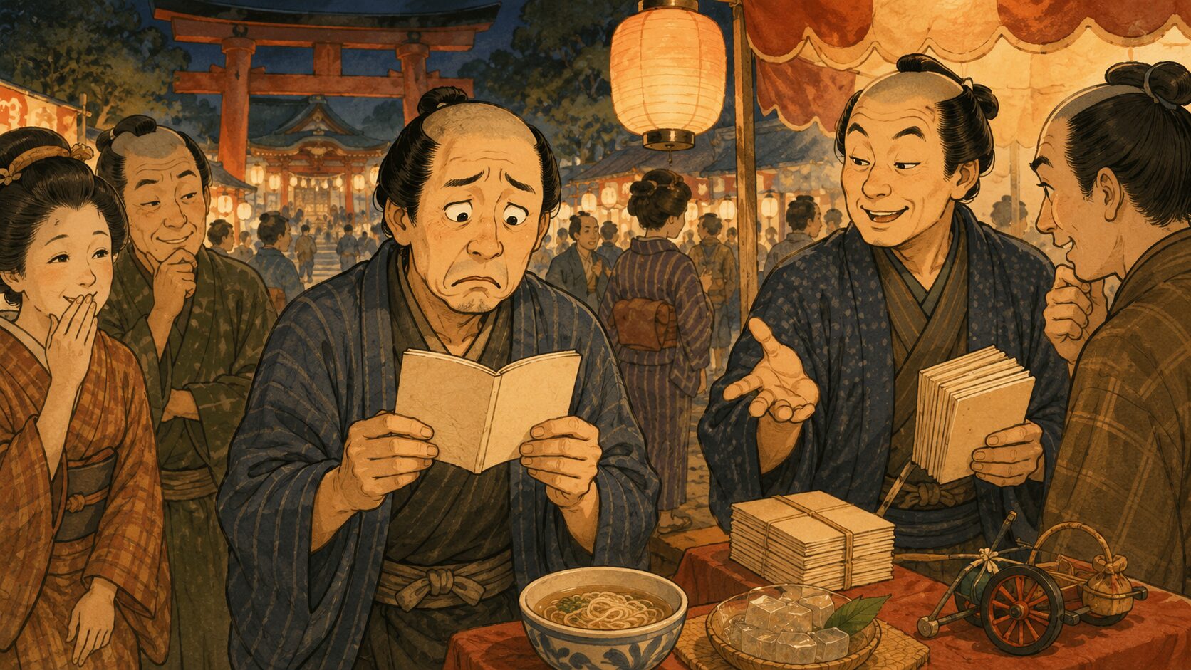 落語『夜店風景』の見どころ、秘伝書を読んだ客が中身のくだらなさに拍子抜けする和風イラスト