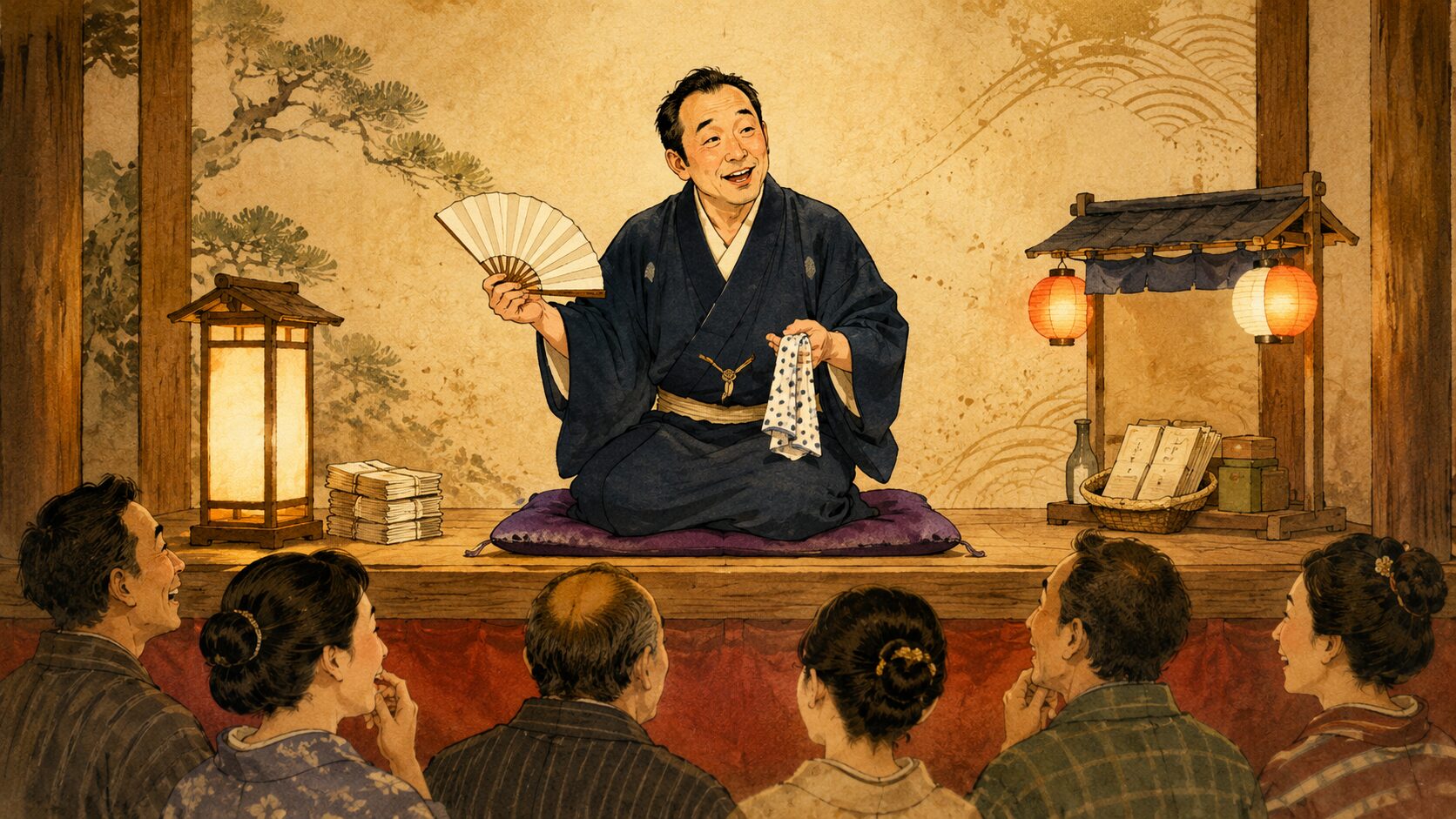 寄席の高座で落語『夜店風景』を語る語り手と、秘伝書の肩すかしに笑う客席を描いた和風イラスト