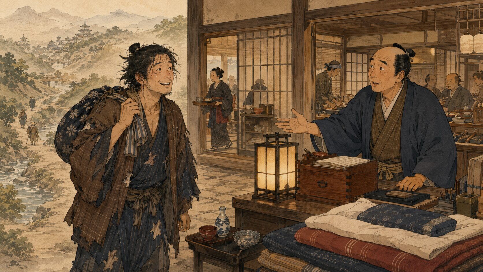 【記事中画像3枚】

2. 記事中画像1

想定挿入位置
「起承転結の流れ」の直後

画像生成プロンプト
width 1672px、height 941px、横長16:9構図。
落語『九州吹き戻し』のあらすじ前半を表す、喜之助が肥後熊本の旅籠へたどり着く場面を描いた和風イラスト。画面左側に、江戸で身を持ち崩し、一文無しになった喜之助を描く。喜之助は旅でくたびれた姿だが、どこか愛嬌と調子のよさが残る表情にする。人物は江戸・明治の落語世界にいそうな一般的な遊び人風の男として描き、実在の落語家、有名人、俳優に似せない。

画面右側には、熊本の旅籠の主人を配置する。主人は喜之助に気づき、驚きながらも情をかけようとしている表情にする。旅籠の座敷には、膳、布団、行灯、帳場、板場の気配、客をもてなす道具を入れ、喜之助がここで働き直すことになる舞台だと分かるようにする。奥には、料理を運ぶ人や板場で働く人の影を控えめに描き、旅籠のにぎわいを表現する。

背景には、江戸から九州へ流れてきた長い道中を思わせる山道、川、遠い町並みを絵巻物のように淡く重ねる。ただし、場面の中心は熊本の旅籠で喜之助が拾われる瞬間にする。記事中画像なので、画像内に文字は入れない。看板、暖簾、札、帳面、書物、提灯、旅籠の入口などにも読める文字を入れない。

構図はアイキャッチと変え、海や嵐ではなく、落ちぶれた喜之助が旅籠の主人に助けられる人情味のある前半場面を中心にする。色味は生成り、薄茶、墨、紺、えんじ、淡い金、深緑を基調にし、暗すぎない落ち着いた和風イラスト調にする。

altタグ
落語『九州吹き戻し』で喜之助が熊本の旅籠の主人に助けられる場面

3. 記事中画像2

想定挿入位置
「サゲ（オチ）の意味」の後

画像生成プロンプト
width 1672px、height 941px、横長16:9構図。
落語『九州吹き戻し』のサゲと見どころを表す、江戸へ帰ろうとした喜之助の船が大嵐で桜島方面へ吹き戻される場面を描いた和風イラスト。画面中央に、荒れた海を進む帆船を大きめに描く。船には喜之助と船頭、水手たちを配置し、喜之助は江戸へ帰れると思っていたのに、風と波に翻弄されて困惑している表情にする。

画面右奥には、桜島を思わせる山影を淡く描き、船が江戸へ近づくどころか九州側へ戻されていることを視覚的に示す。波は大きくうねらせ、風は帆や衣の動きで表現するが、船の転覆、溺れる人物、怪我、血、過度に恐怖をあおる描写は避ける。自然の迫力と、喜之助の焦りが裏目に出る皮肉を中心にする。

画面左側には、遠ざかるはずだった九州の海岸線や、かすかに見える旅籠の記憶を霞のように重ねてもよい。喜之助の「早く江戸へ帰りたい」という思いと、風に押し戻される現実が対比される構図にする。サゲの題名回収を、文字ではなく、船の向き、風、桜島の山影、喜之助の表情で伝える。

画像内に文字は入れない。帆、船体、荷物、札、提灯、書物、山や背景などにも読める文字を入れない。色味は生成り、墨、薄茶、紺、深緑、淡い金、海の落ち着いた青みを基調にする。過度にリアルな写真風ではなく、やさしい和風イラスト調。大シケの迫力と、急いだ結果さらに遠くへ戻される落語らしい皮肉が伝わる場面にする。

altタグ
落語『九州吹き戻し』で江戸へ向かう船が嵐で桜島方面へ吹き戻される場面

4. 記事中画像3

想定挿入位置
「まとめ」の後

画像生成プロンプト
width 1672px、height 941px、横長16:9構図。
落語『九州吹き戻し』の余韻と聴きどころを表す、寄席を舞台にした落ち着いた和風イラスト。画面中央に、寄席の高座を少し引きの構図で描く。高座には一般的な落語家風の人物が座り、扇子と手ぬぐいを使いながら、江戸で身を持ち崩した喜之助、熊本の旅籠での再起、江戸への里心、船の大嵐、桜島方面へ吹き戻されるサゲを語っている雰囲気にする。顔立ちは特定の実在落語家や有名人に似せない。

背景や余白には、噺の象徴として、江戸の町灯り、熊本の旅籠、板場の道具、風呂敷包み、帆船、荒波、桜島の山影、喜之助の旅姿を、絵巻物のように淡く重ねる。アイキャッチのように喜之助と海を大きく説明する構図ではなく、寄席で大ネタをじっくり聴く余韻を重視する。喜之助の人生が、江戸から九州、旅籠、海へ大きく流れていく印象を出す。

記事中画像なので、画像内に文字は入れない。寄席のめくり、看板、提灯、札、扇子、書物、船、旅籠の道具などにも読める文字を入れない。客席は控えめに描き、主役は高座の演者と、背景に漂う旅、人情、海の迫力にする。

色味は生成り、薄茶、墨、えんじ、紺、淡い金、深緑、静かな海の青みを基調にする。暗すぎず、派手すぎず、喜之助の弱さと魅力、旅籠の主人の情、最後に自然へ吹き戻される皮肉が残る、上品で親しみやすい和風イラスト調にする。

altタグ
落語『九州吹き戻し』を寄席の高座で楽しむ喜之助の旅と大嵐の余韻