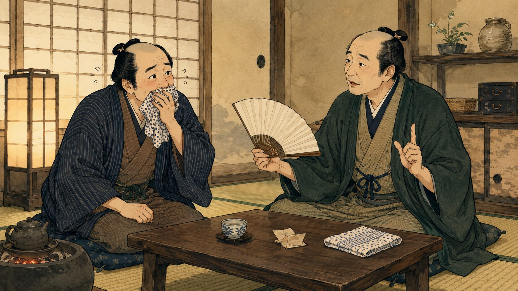 落語『くやみ』で笑い上戸の男が兄貴分に弔問の作法を相談する場面