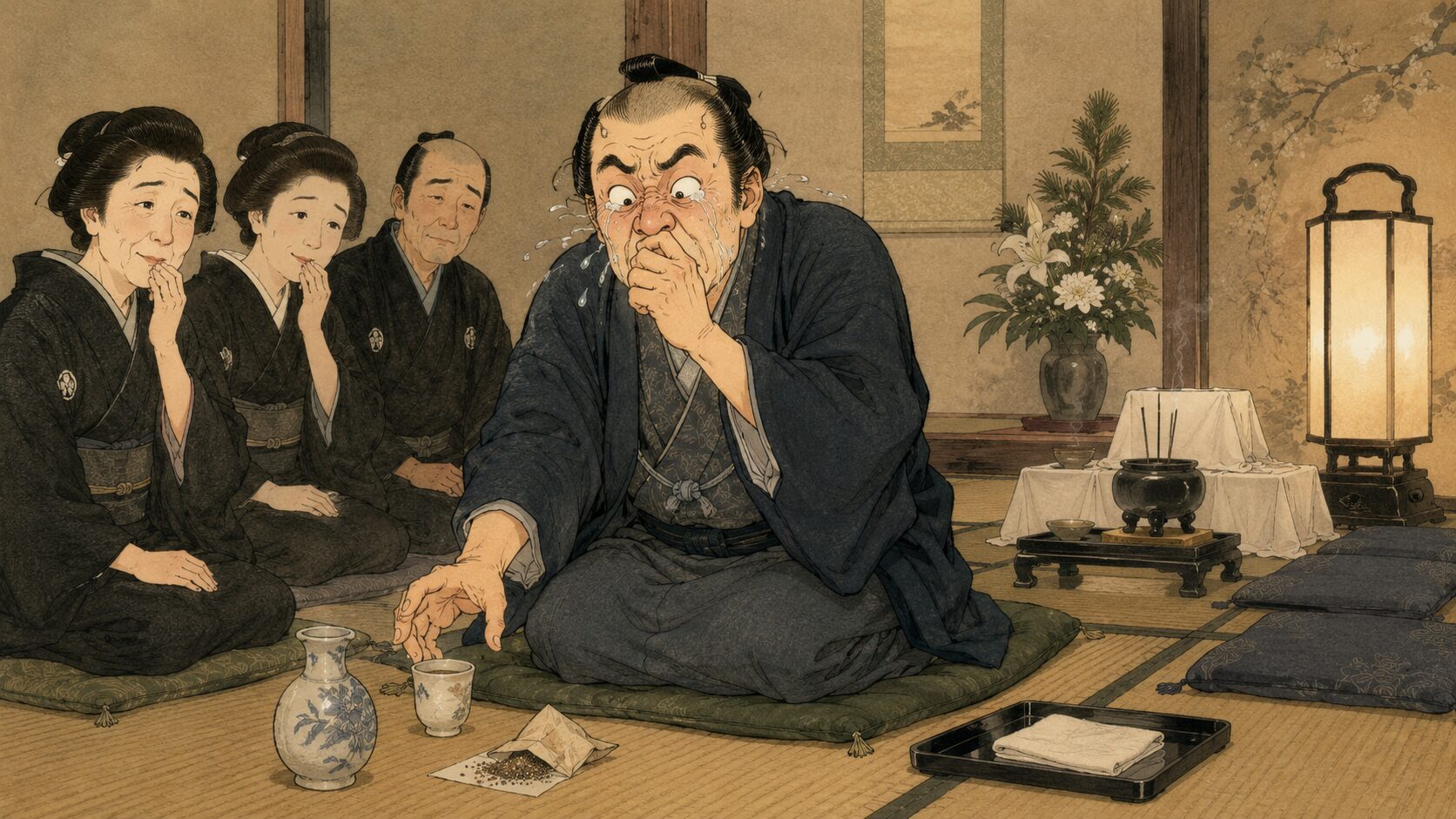 落語『くやみ』で胡椒をなめすぎた男が弔問の席で涙とくしゃみに困る場面
