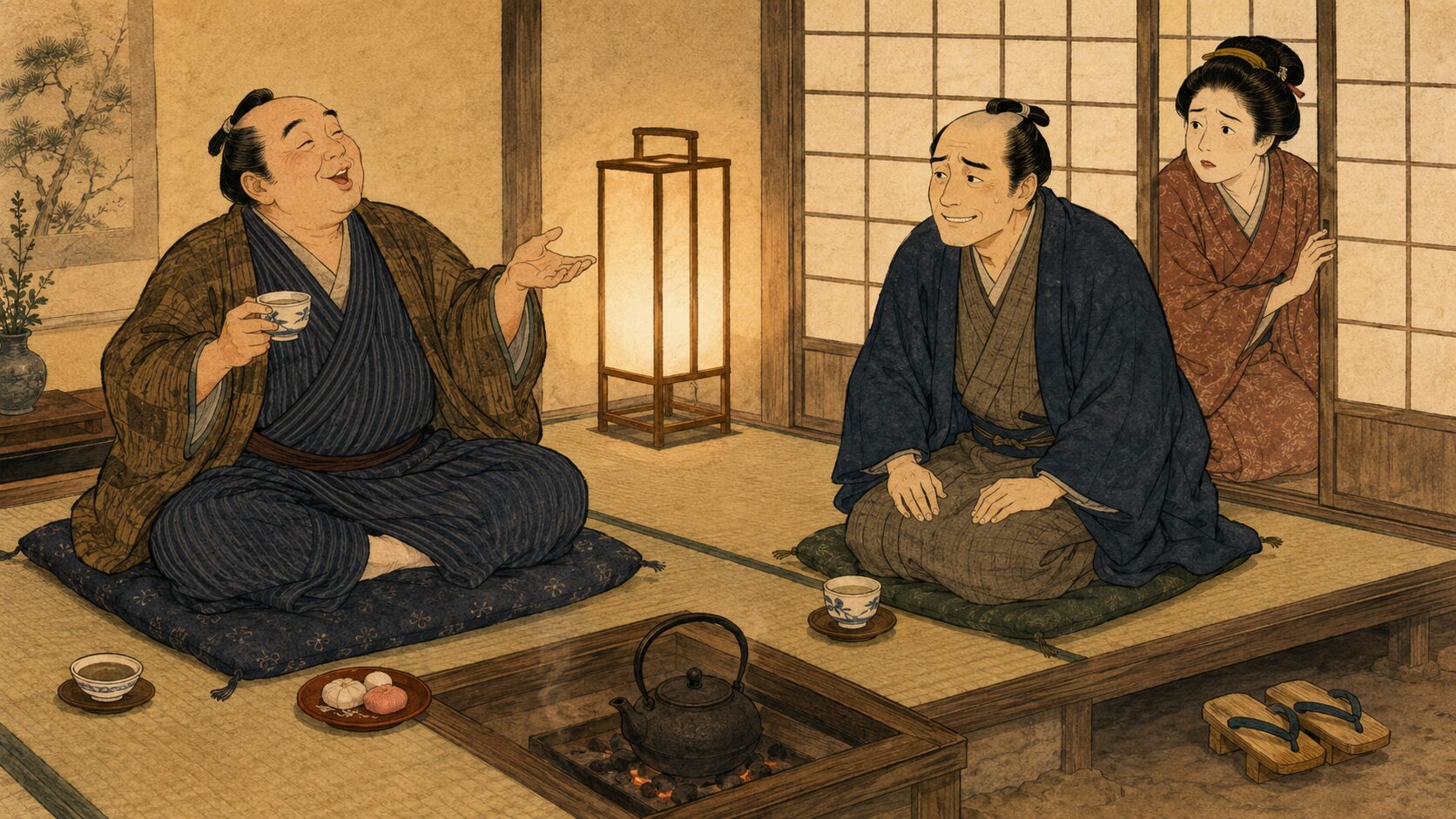 落語『外科本道』で長尻の客が町家の座敷に居座る場面