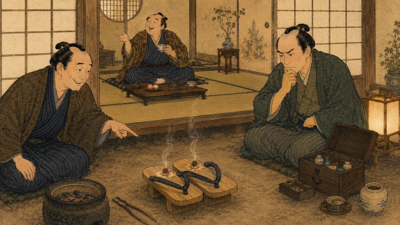落語『外科本道』で長尻の客を帰らせるため下駄に灸を仕掛ける場面