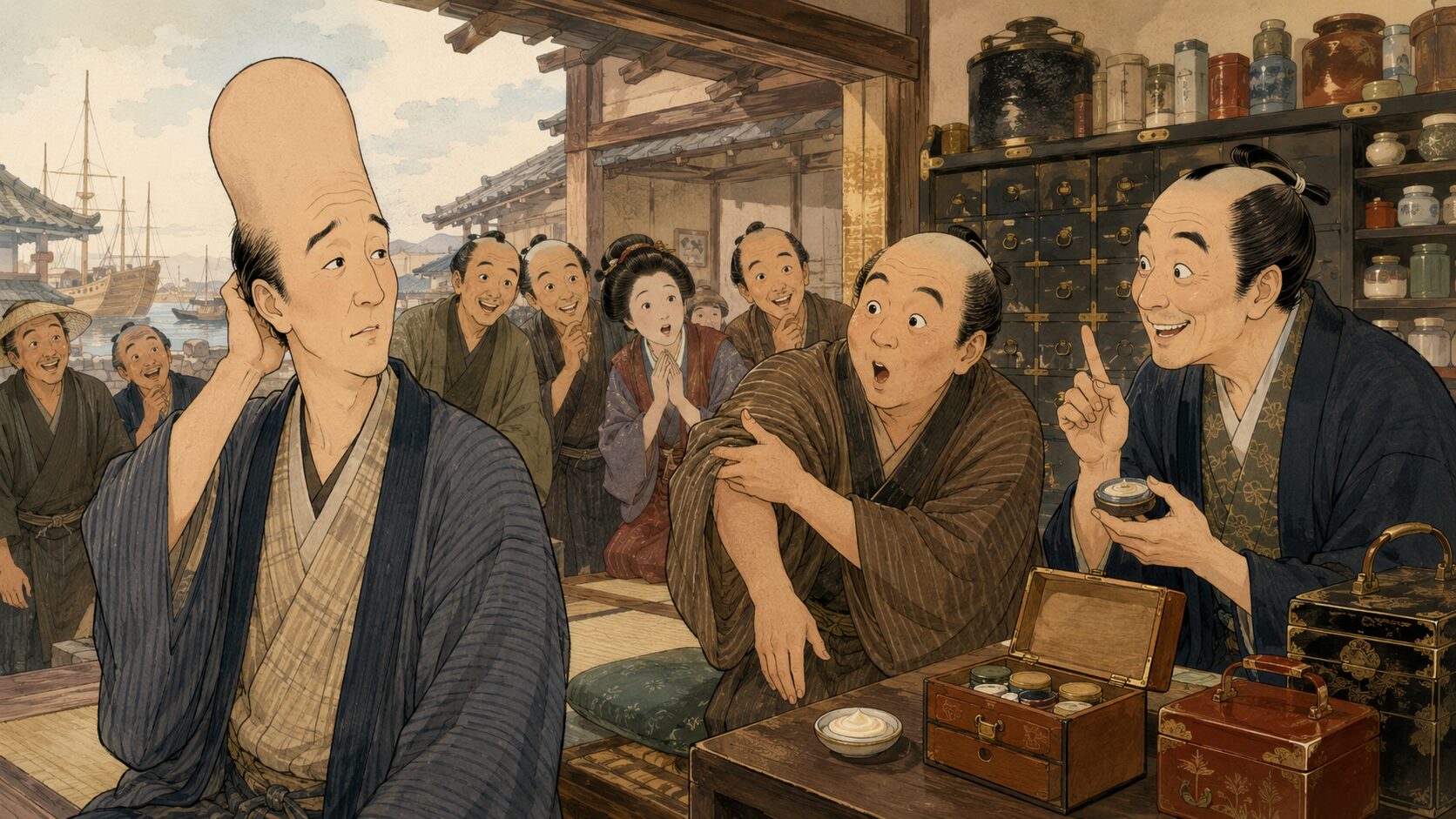落語『外法頭』で岩松が偶然できものを治したように見えて評判になる場面