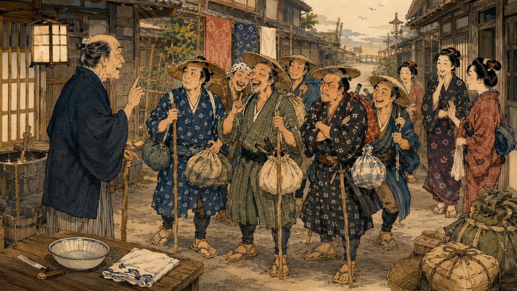 落語『百人坊主』で長屋の男たちが参詣前に喧嘩をしたら坊主にする約束をする場面