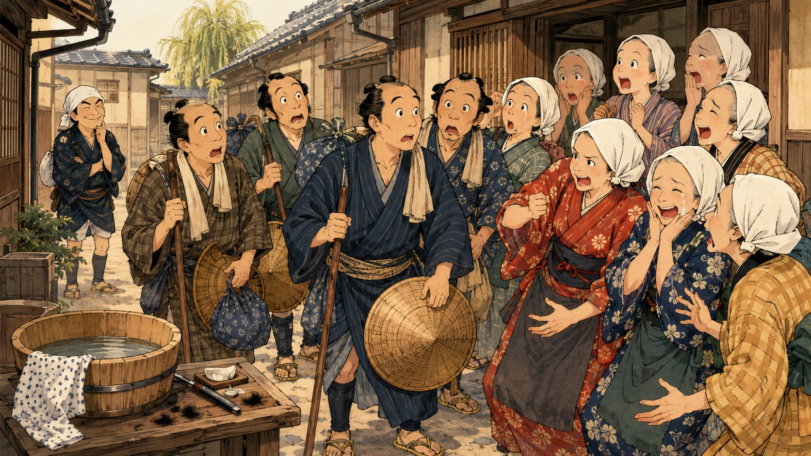 落語『百人坊主』で参詣帰りの男たちが坊主頭の女房たちを見て驚くサゲの場面