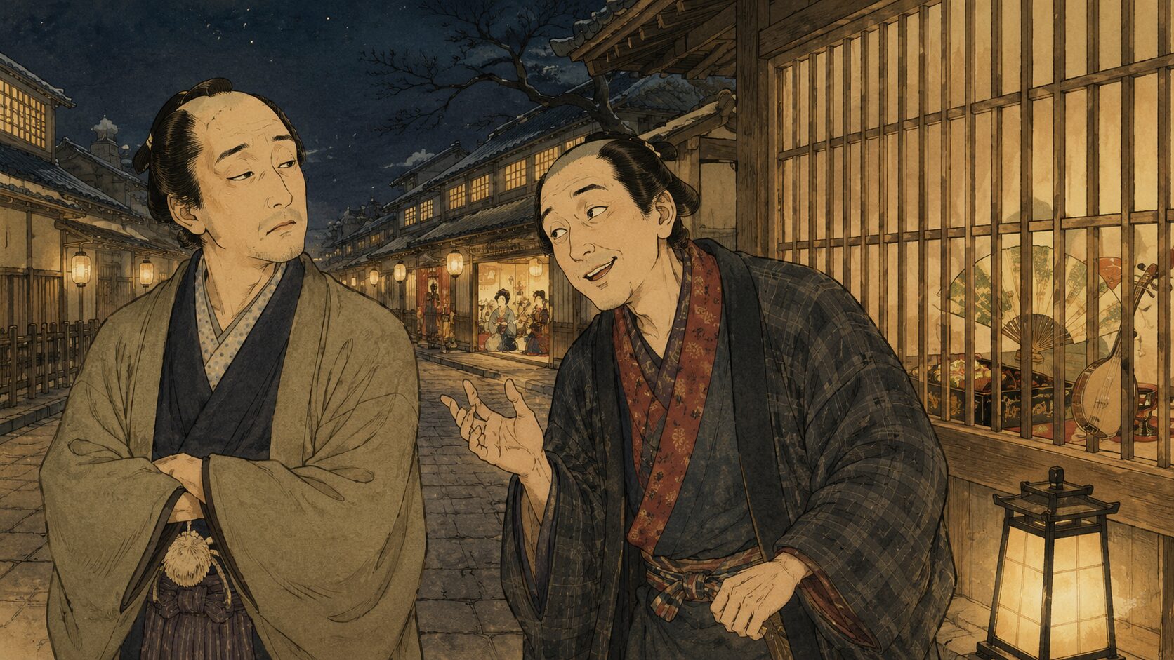 落語『けんげしゃ茶屋』で村上の旦那と又兵衛が国鶴の茶屋へ行く相談をする場面