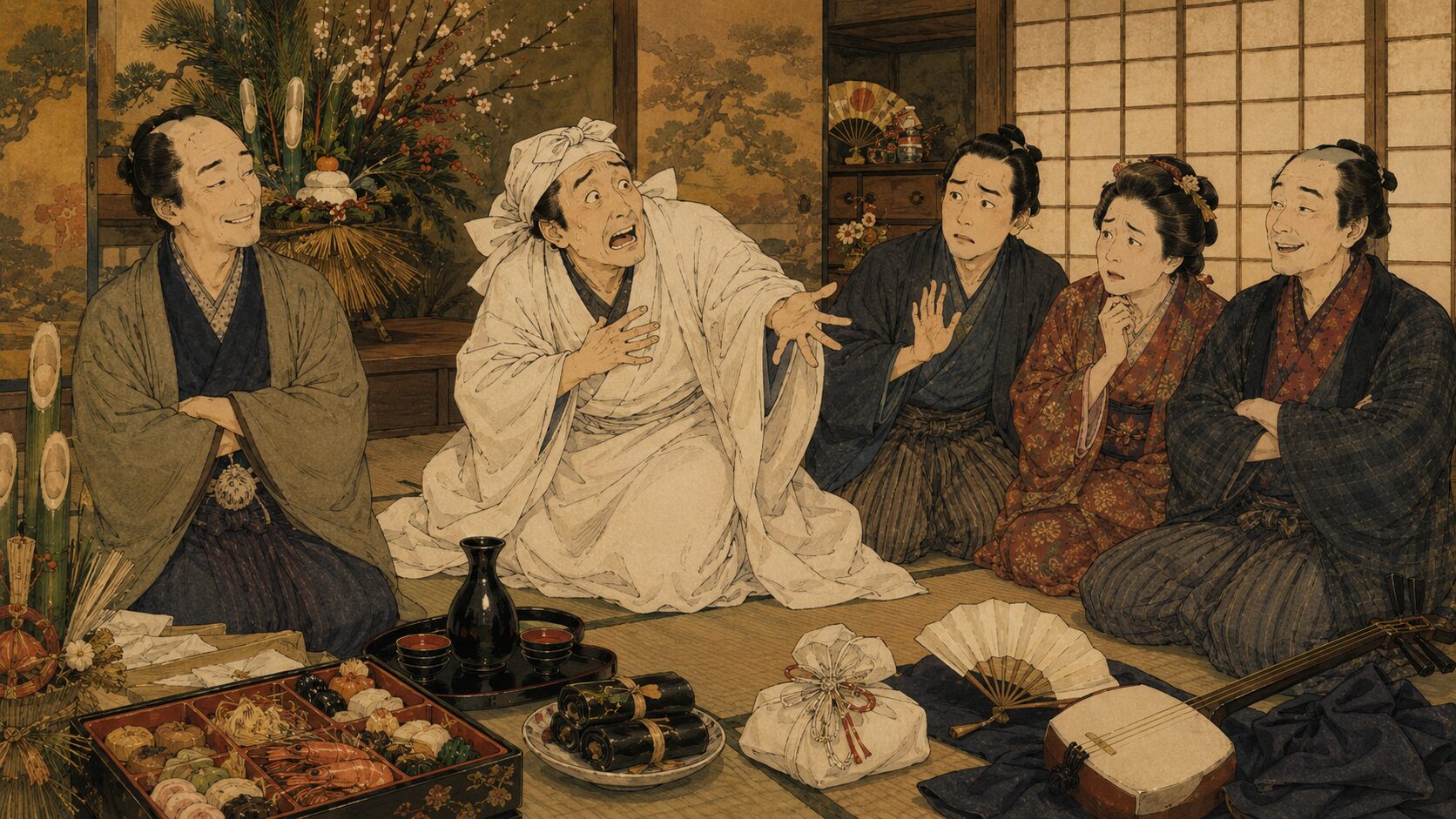落語『けんげしゃ茶屋』で茂八が死に装束めいた姿で悪洒落に合わせるサゲの場面