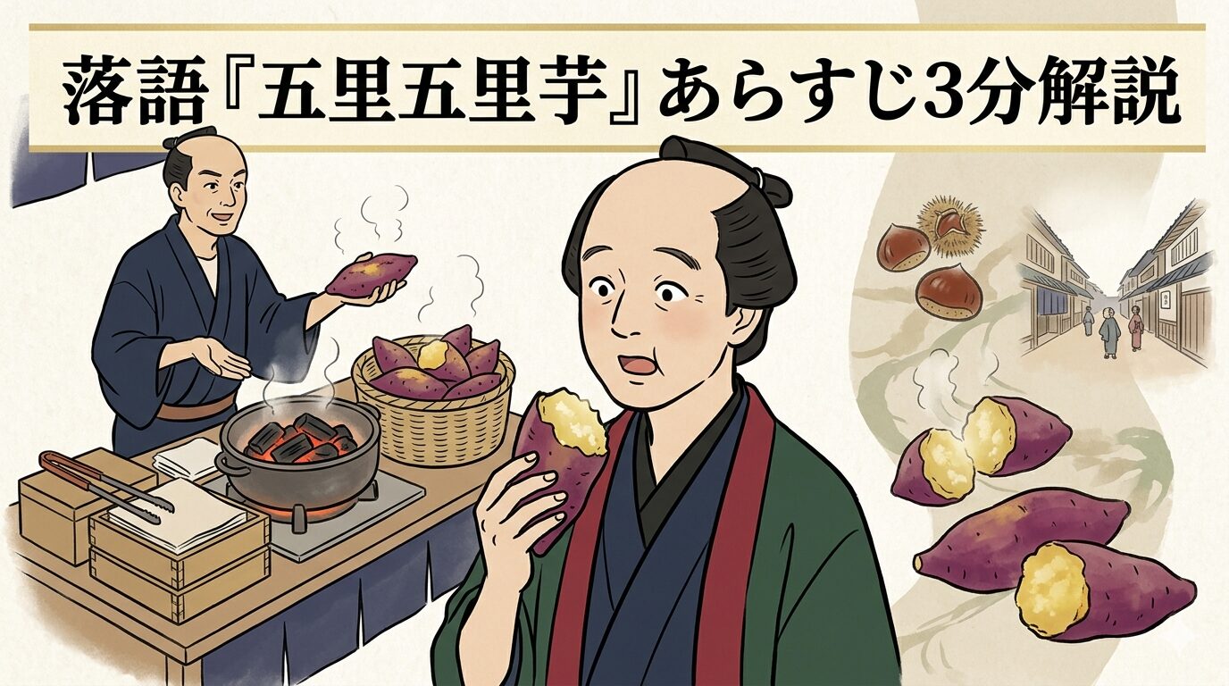 落語『五里五里芋』の焼き芋屋と生焼けの芋をかじる客を描いたアイキャッチ画像