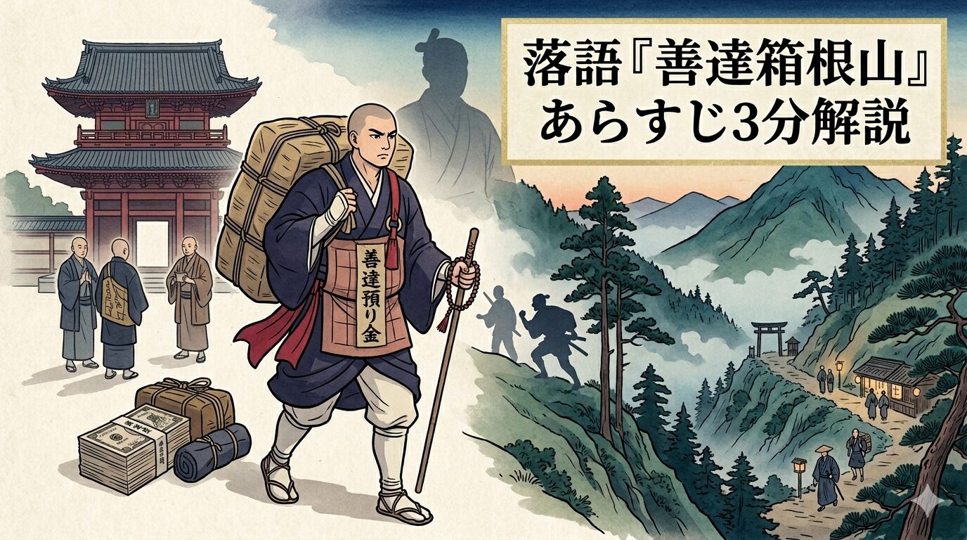 落語『善達箱根山』で大金を運ぶ僧の善達が箱根路へ向かう講談種の場面