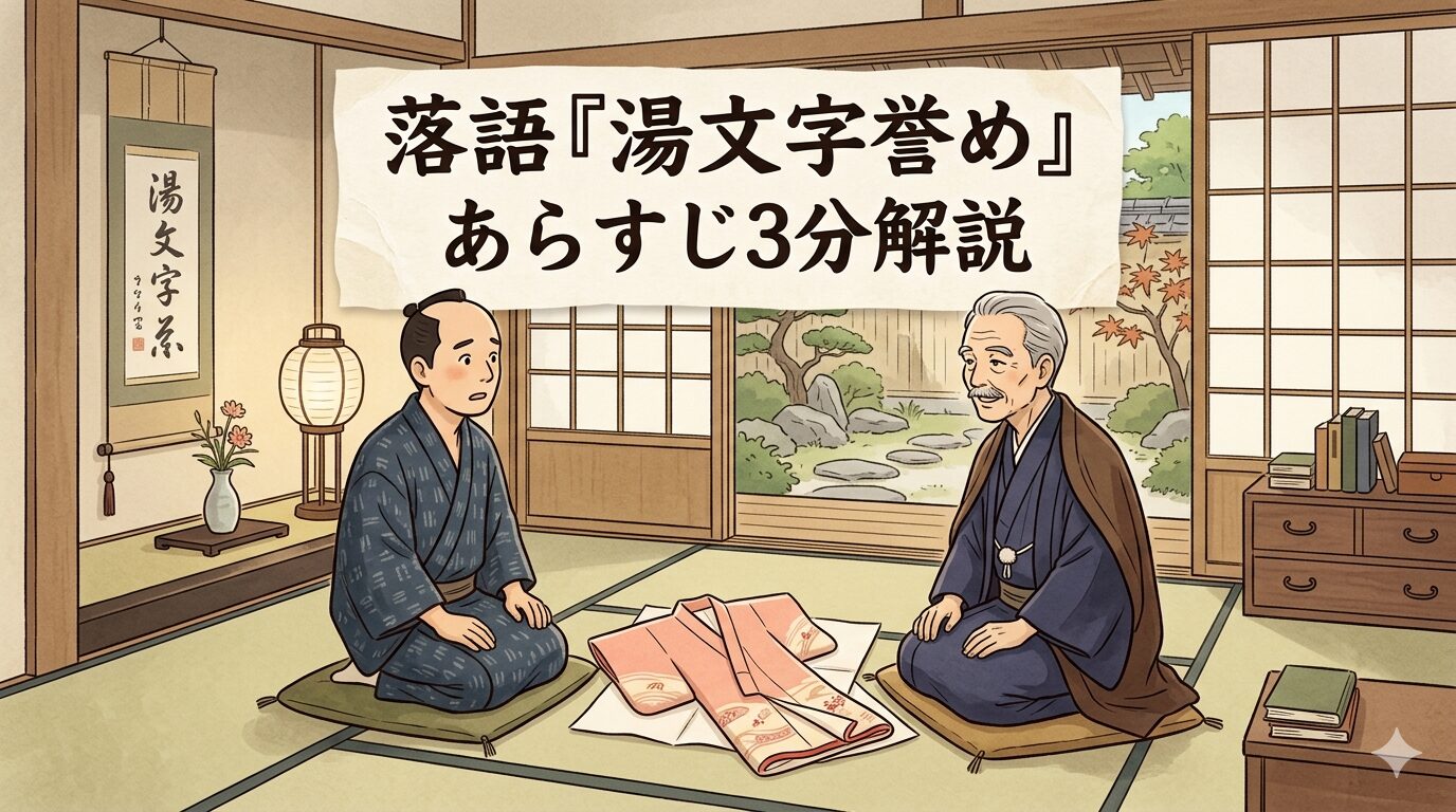 落語『湯文字誉め』あらすじ3分解説のアイキャッチ画像として、町家の座敷で男とご隠居が湯文字について語る和風イラスト