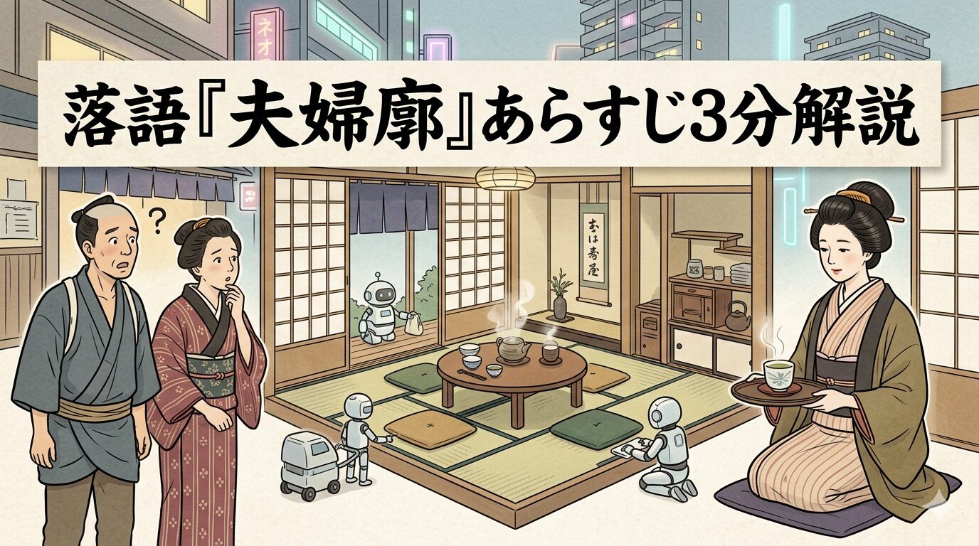 落語『夫婦廓』あらすじ3分解説のアイキャッチ画像、近未来社会で夫婦らしさが商品になる様子を描いた和風イラスト