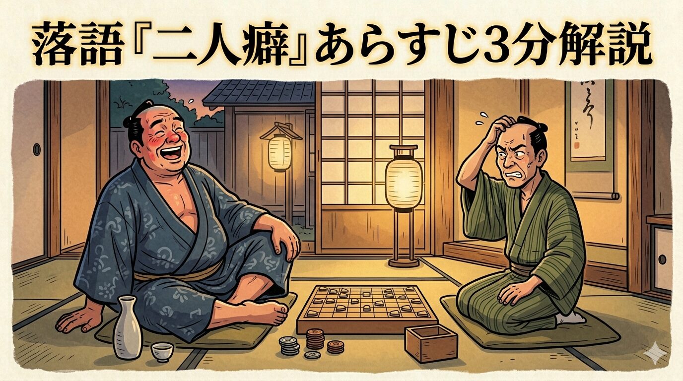落語『二人癖』の二人の男が口癖をめぐって勝負する場面を描いたアイキャッチ