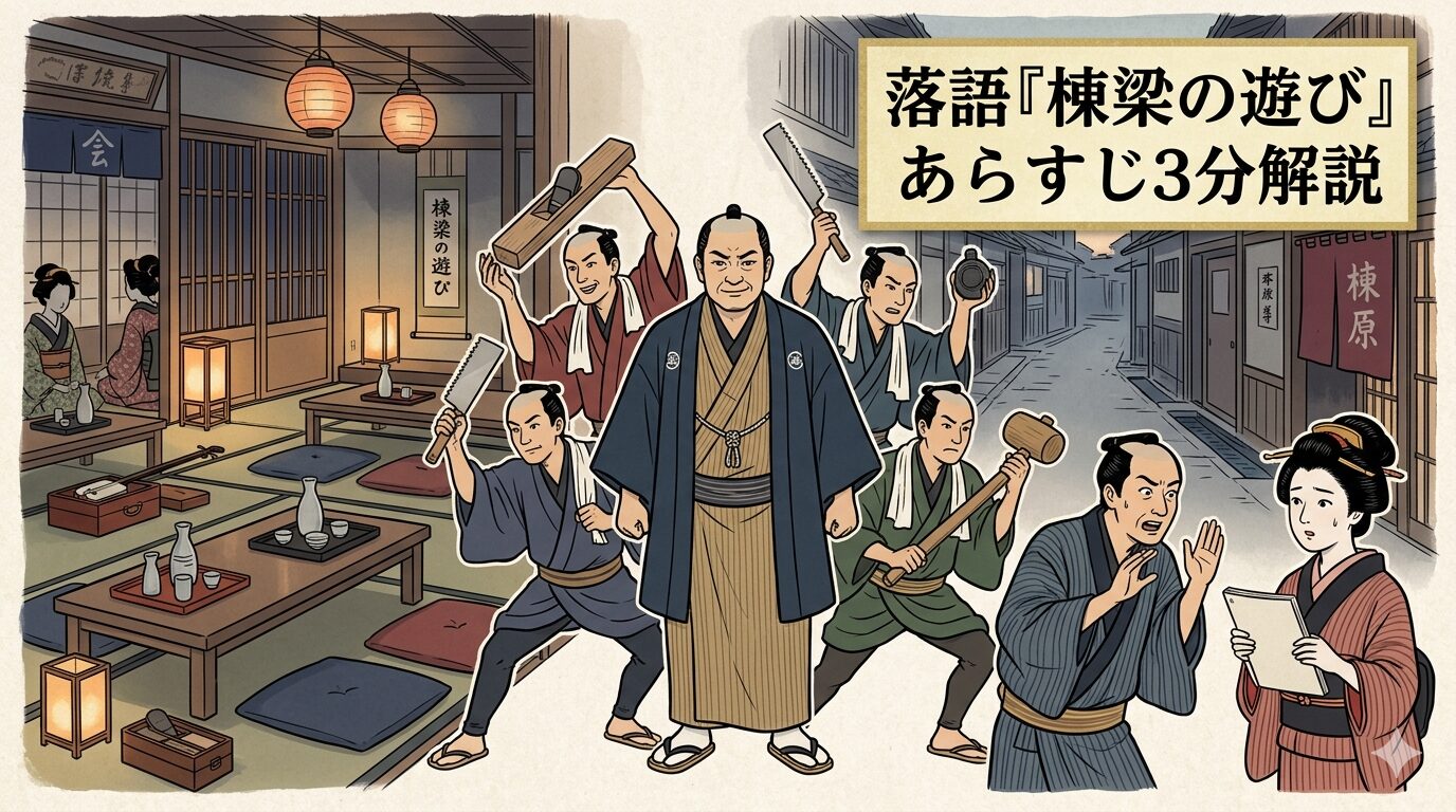 落語『棟梁の遊び』で大工仲間が棟梁一行を装って遊郭で芝居を打つ廓噺の画像