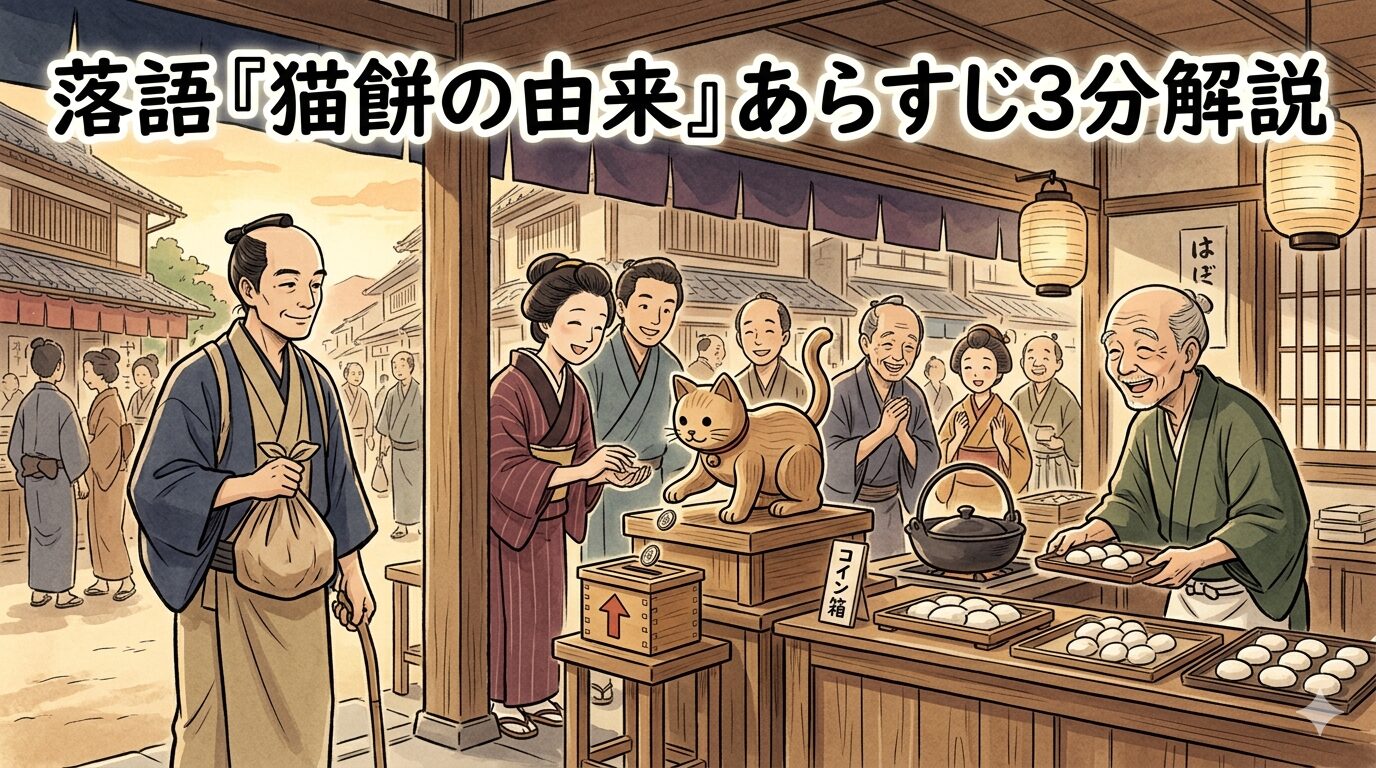 落語『猫餅の由来』の左甚五郎と木彫りの猫が餅屋を救う場面を描いたアイキャッチ