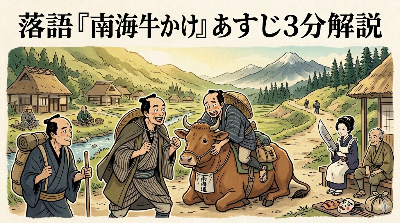 落語『南海道牛かけ』の喜六と清八が牛の騒動に巻き込まれる道中噺のアイキャッチ