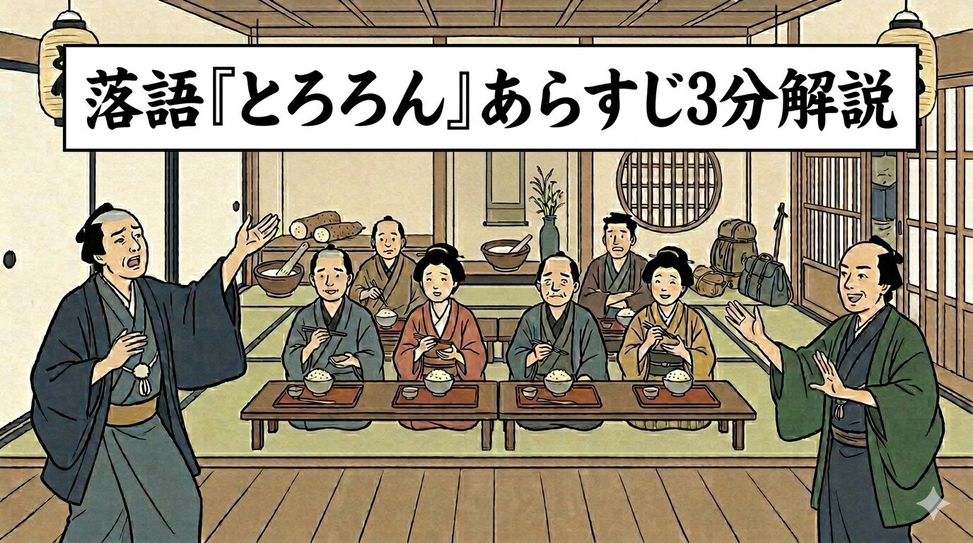 落語『とろろん』の旅人たちが鞠子宿でとろろ汁を待つあらすじ解説用アイキャッチ