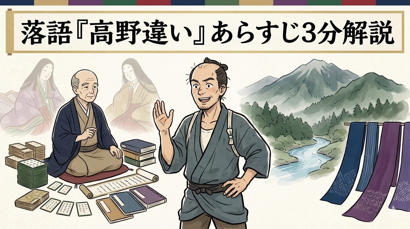 落語『高野違い』の百人一首と高野山と紺屋の取り違えを描いたアイキャッチ画像