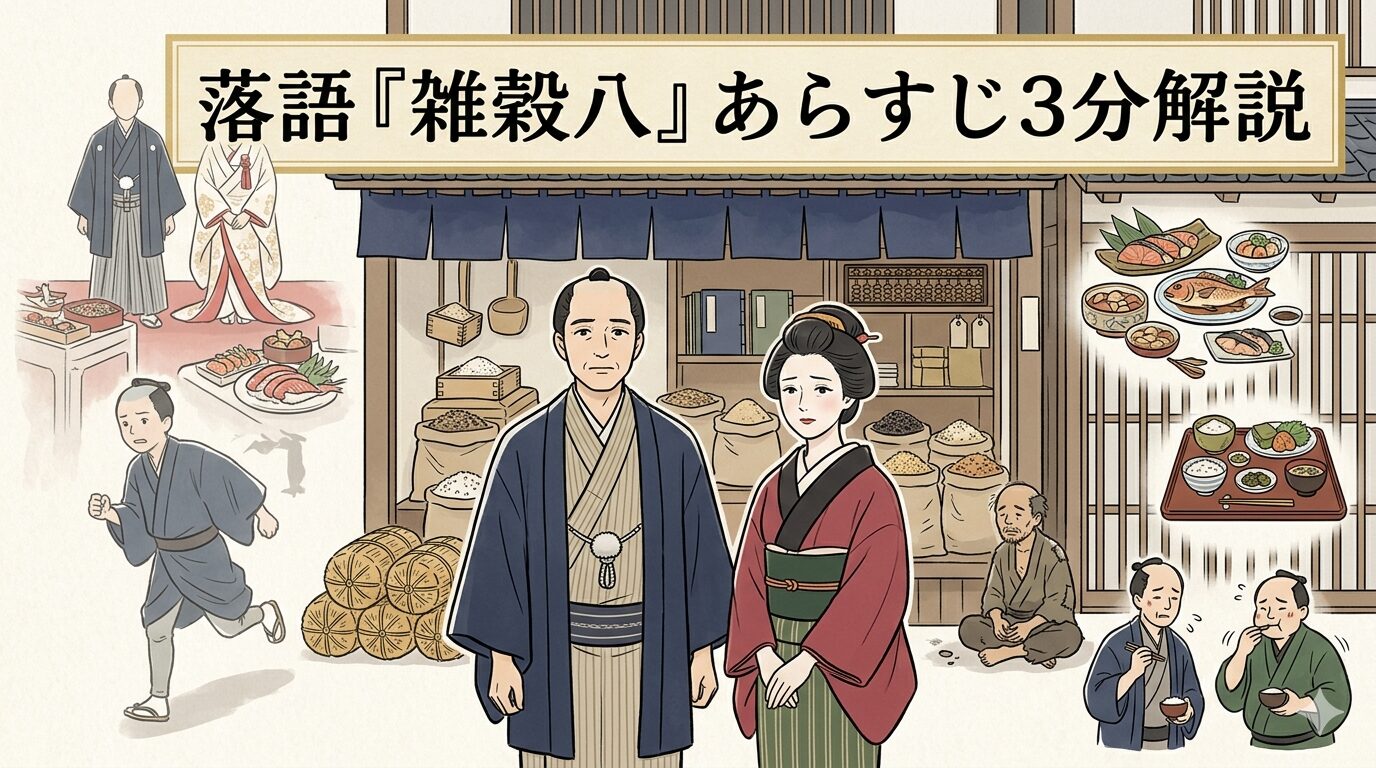 落語『雑穀八』の鶴吉とお絹と二度のごちそうを描いたアイキャッチ画像