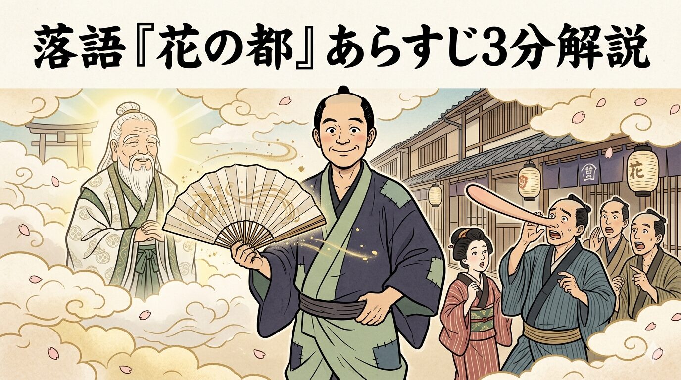 落語『花の都』の喜六が不思議な団扇で鼻を伸ばす場面を描いたアイキャッチ