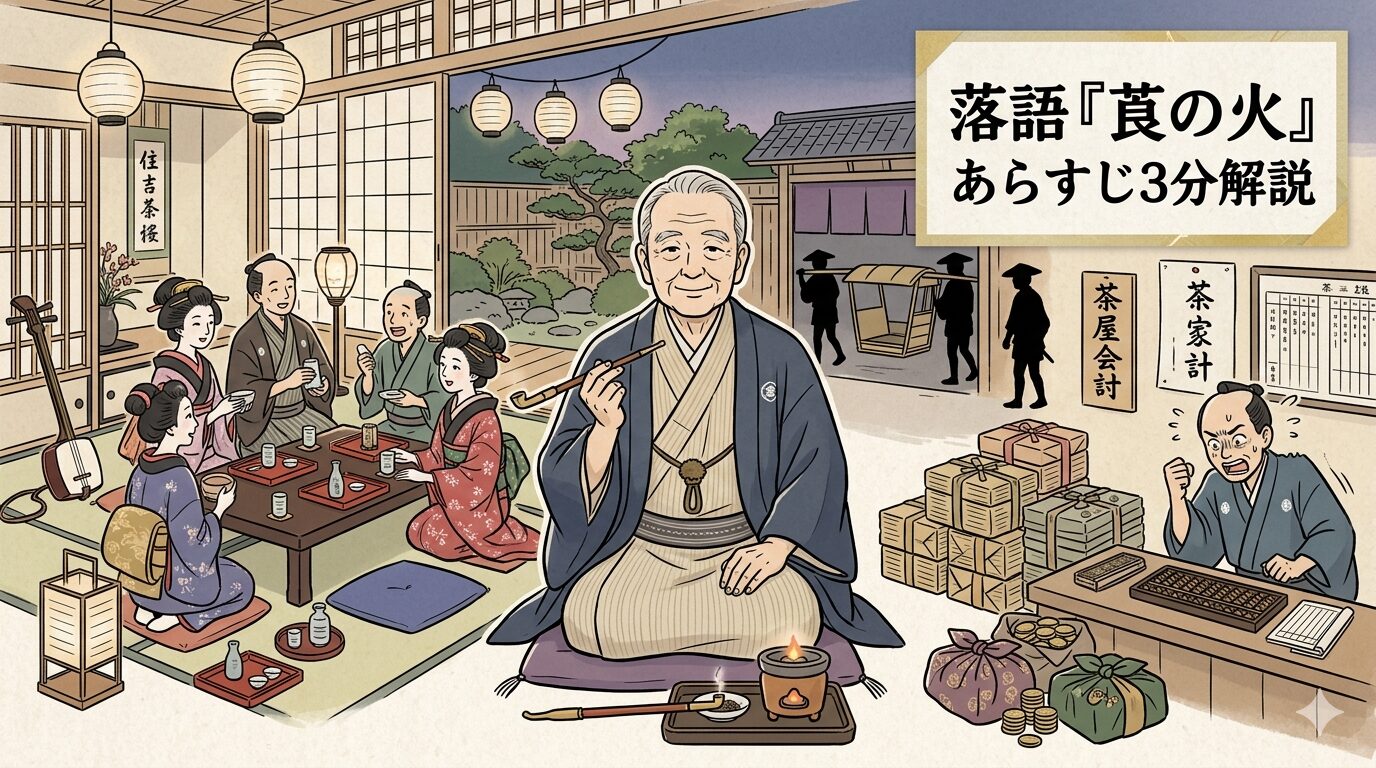 落語『莨の火』の大尽の老人と茶屋の祝儀、たばこの火の落差を描いた画像