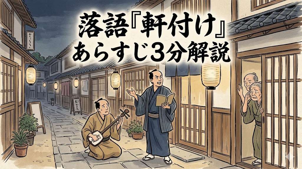 落語『軒付け』の浄瑠璃好きの男たちが夜の軒先で義太夫を語る場面を描いたアイキャッチ