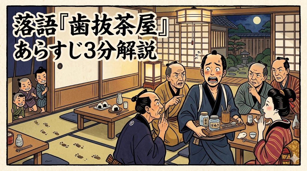 落語『歯抜茶屋』の歯磨き売り平助が茶屋で化け狸と疑われる騒動を描いたアイキャッチ